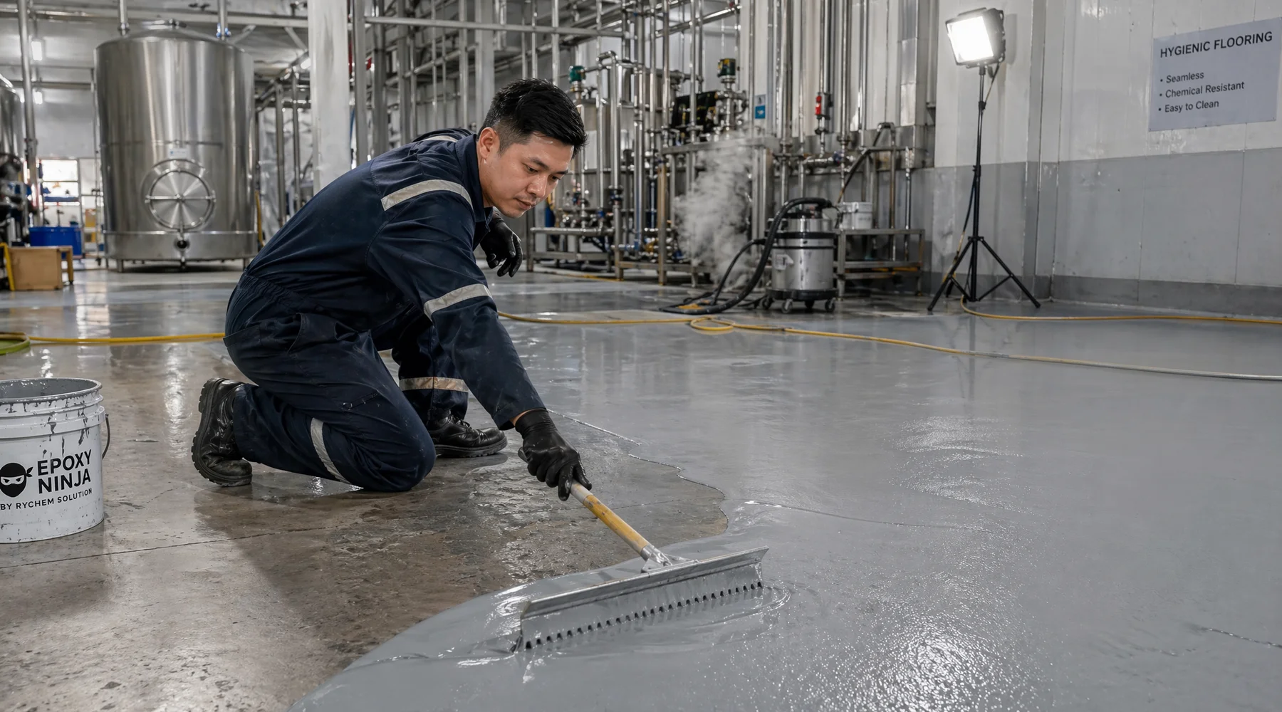 Hygienic PU floor installation in a Malaysian F&B processing plant