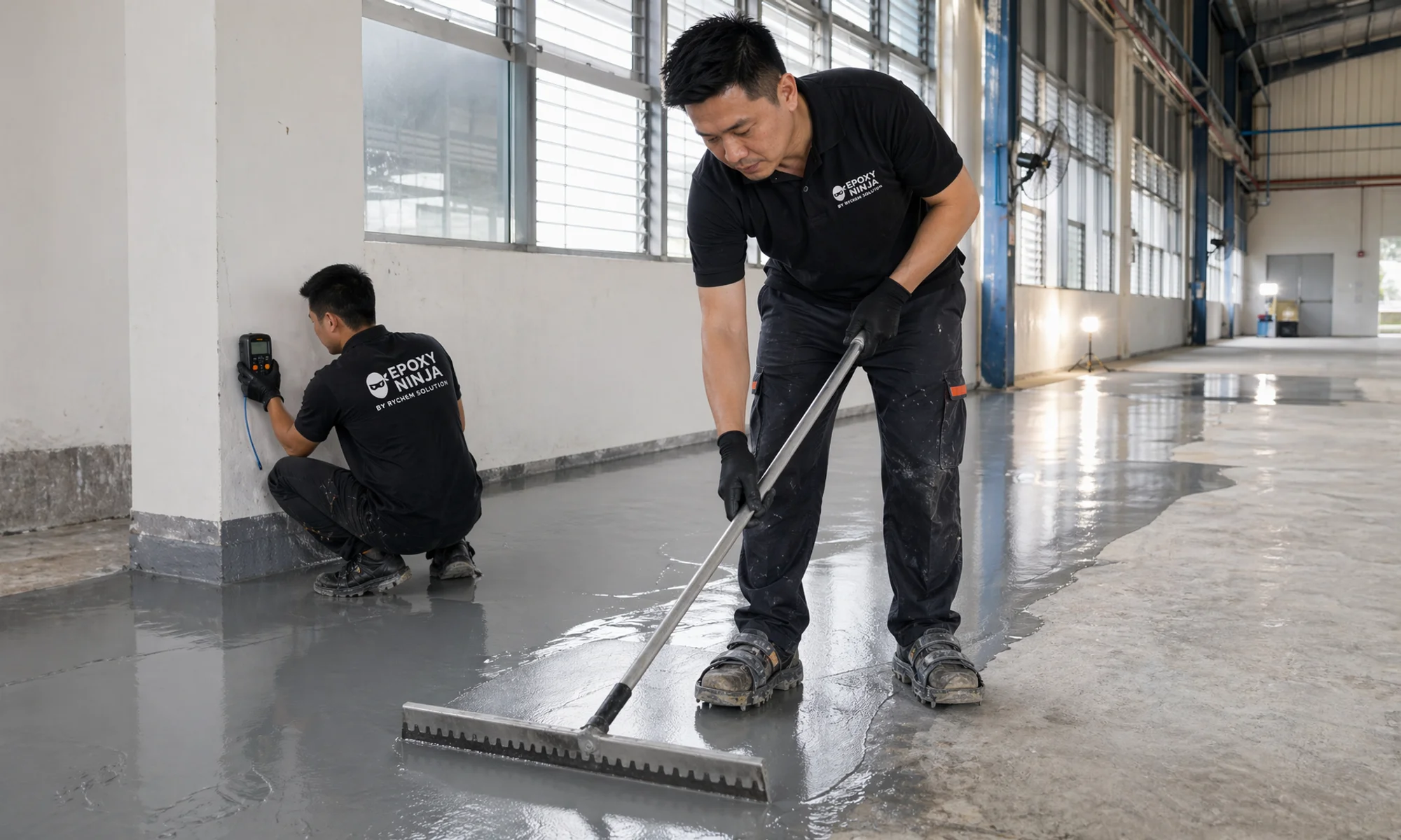 Industrial epoxy flooring installation in Johor Bahru factory