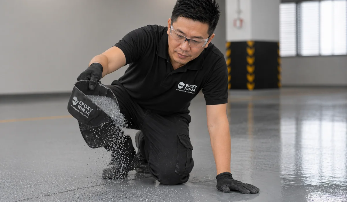 Installer broadcasting aggregate onto wet hygienic PU base coat authentic working moment knee-down angle