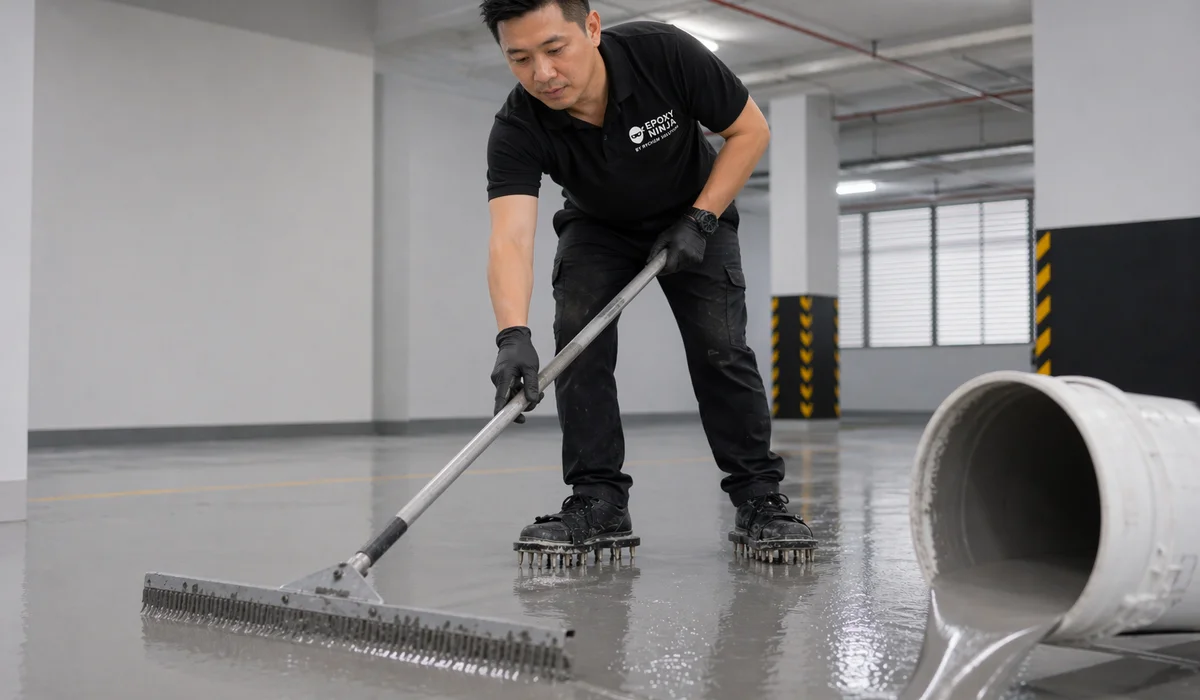 Installer spreading self-leveling PU with gauge rake steady pour spiked shoes mid-action documentary shot