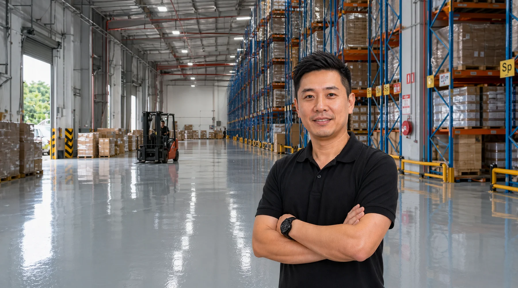 Seamless self-leveling epoxy floor in warehouse