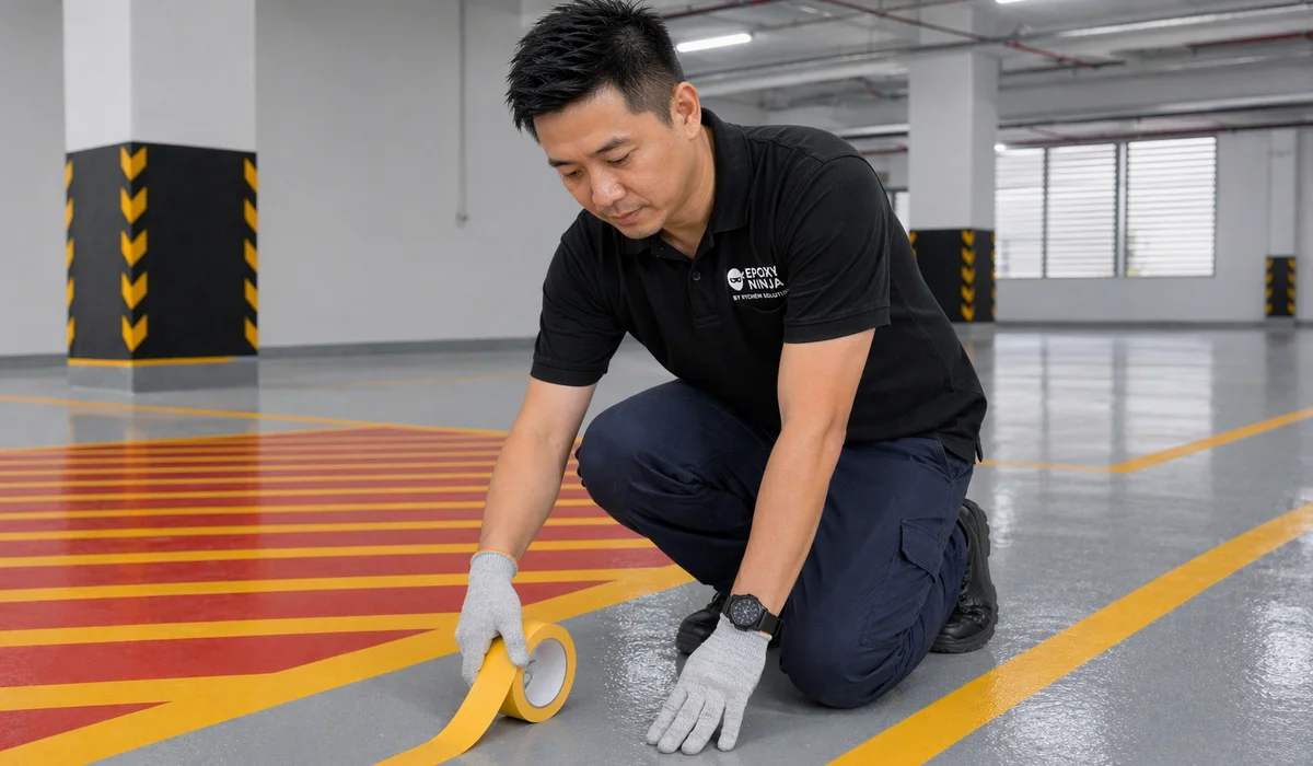 Line-marking in progress on self-leveling floor — walkways forklift lanes 5S color coding worker