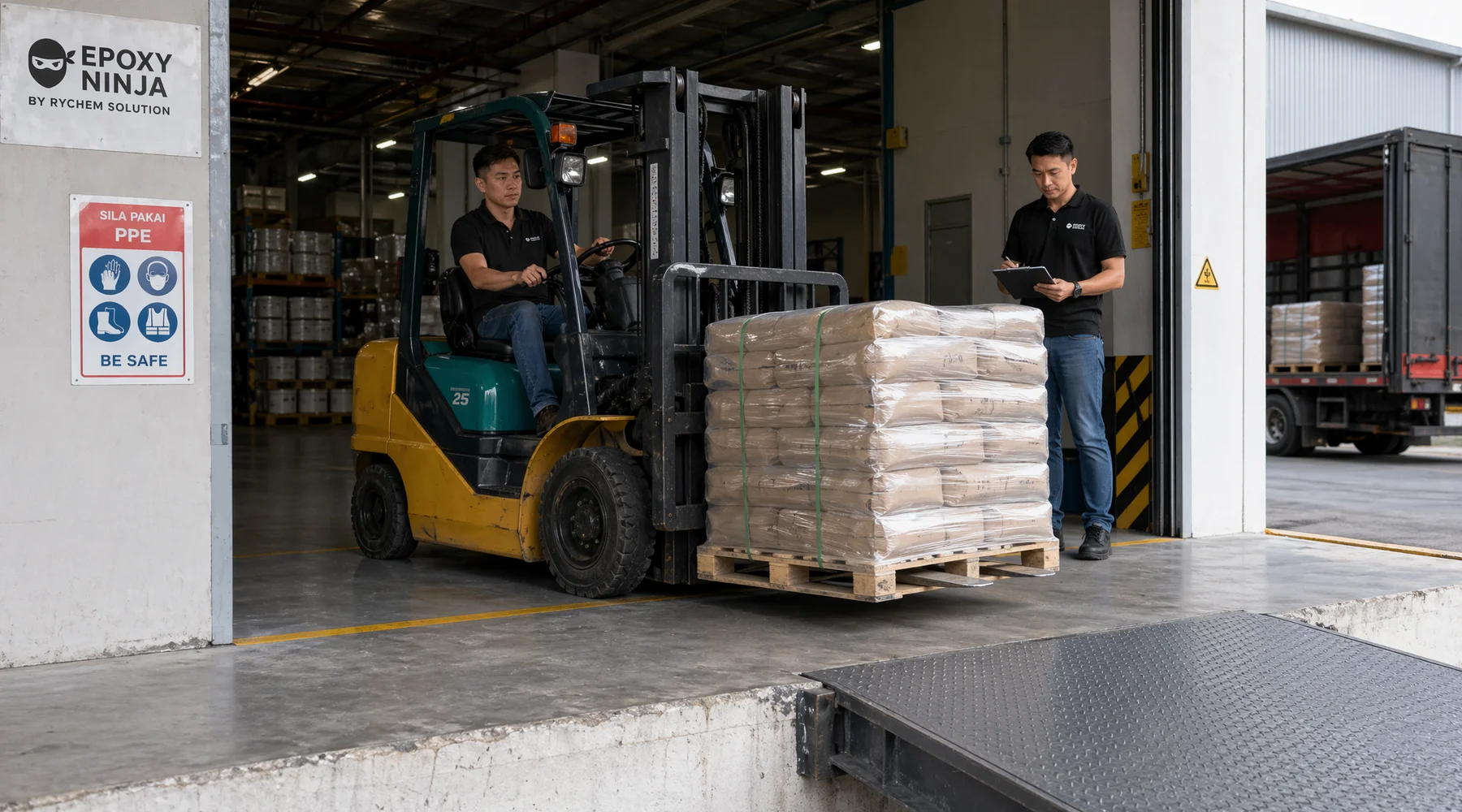 Loading dock with heavy-duty mortar floor forklift mid-turn with full pallet dock-edge angle iron