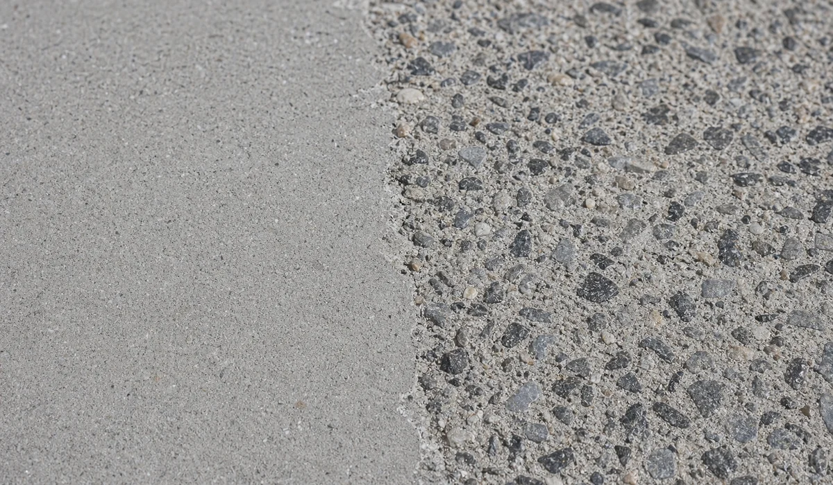 Macro photo of prepped concrete showing clean open profile with aggregate visible side-by-side with