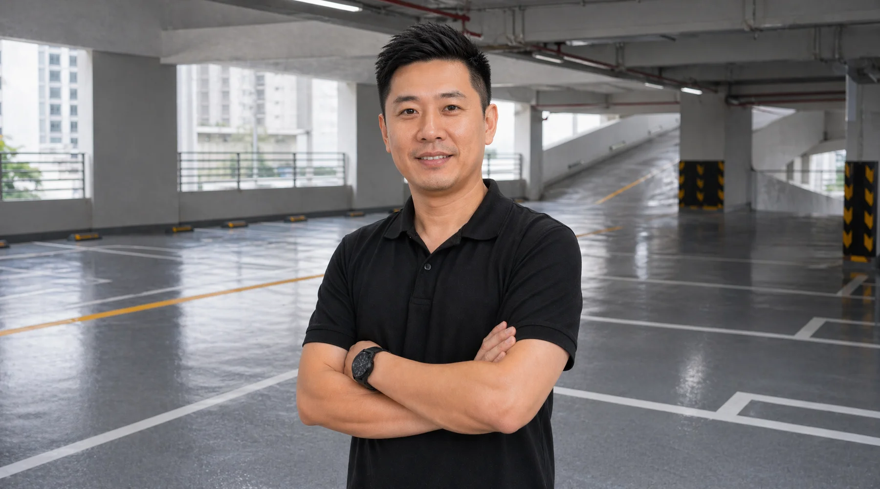 Multi-storey carpark deck with fresh PU coating clean line marking ramp visible realistic Malaysian