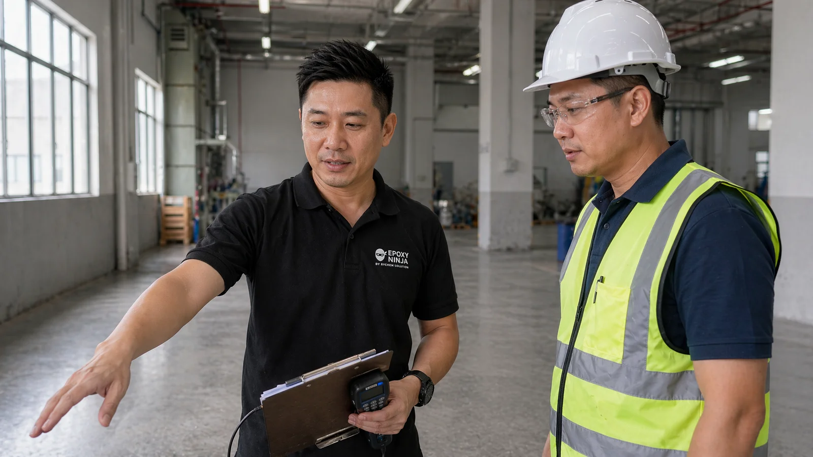 Owner Michael reviewing a factory floor site with a client