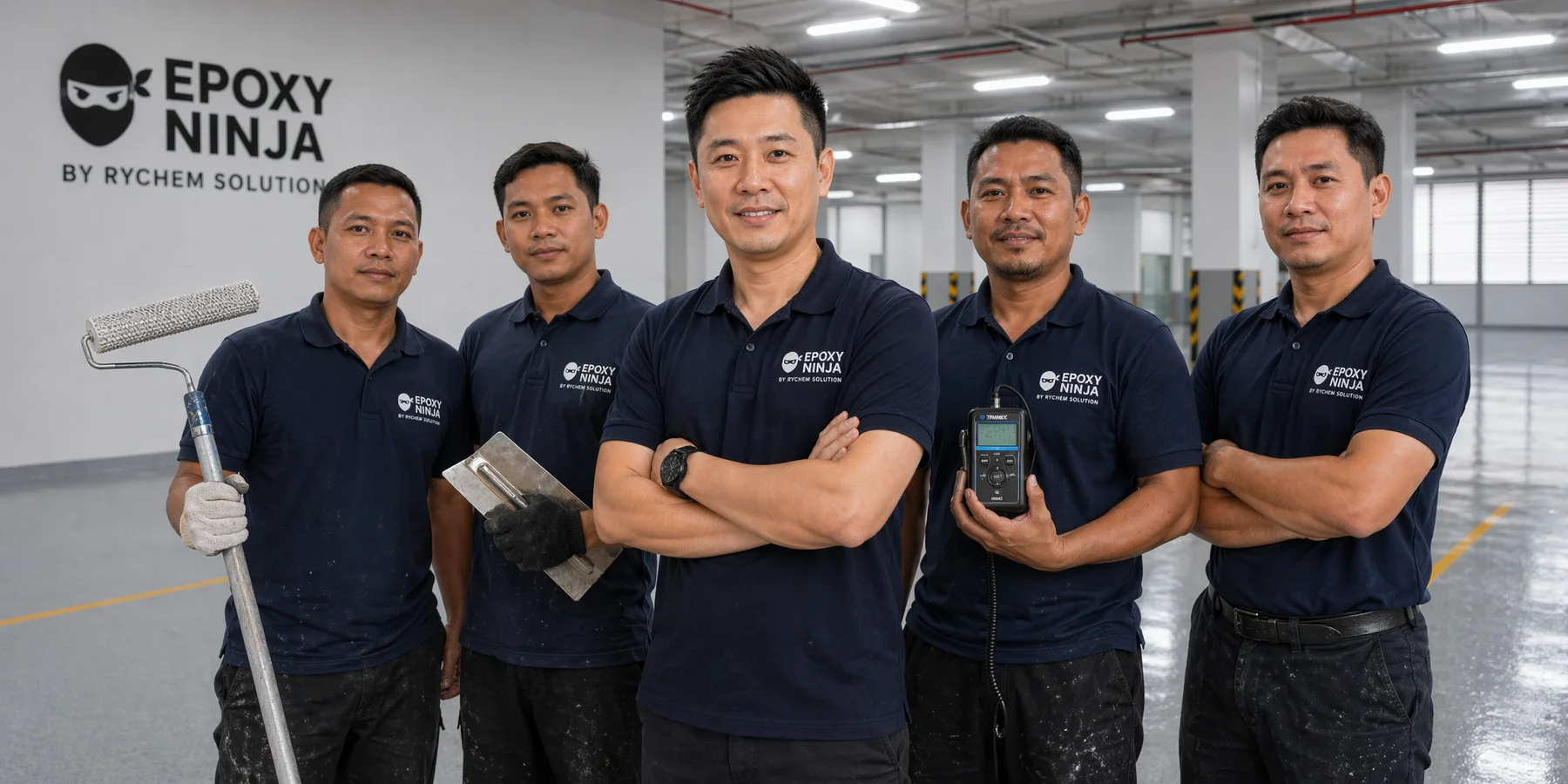 Epoxy Ninja installation crew on freshly poured factory floor in Johor Bahru