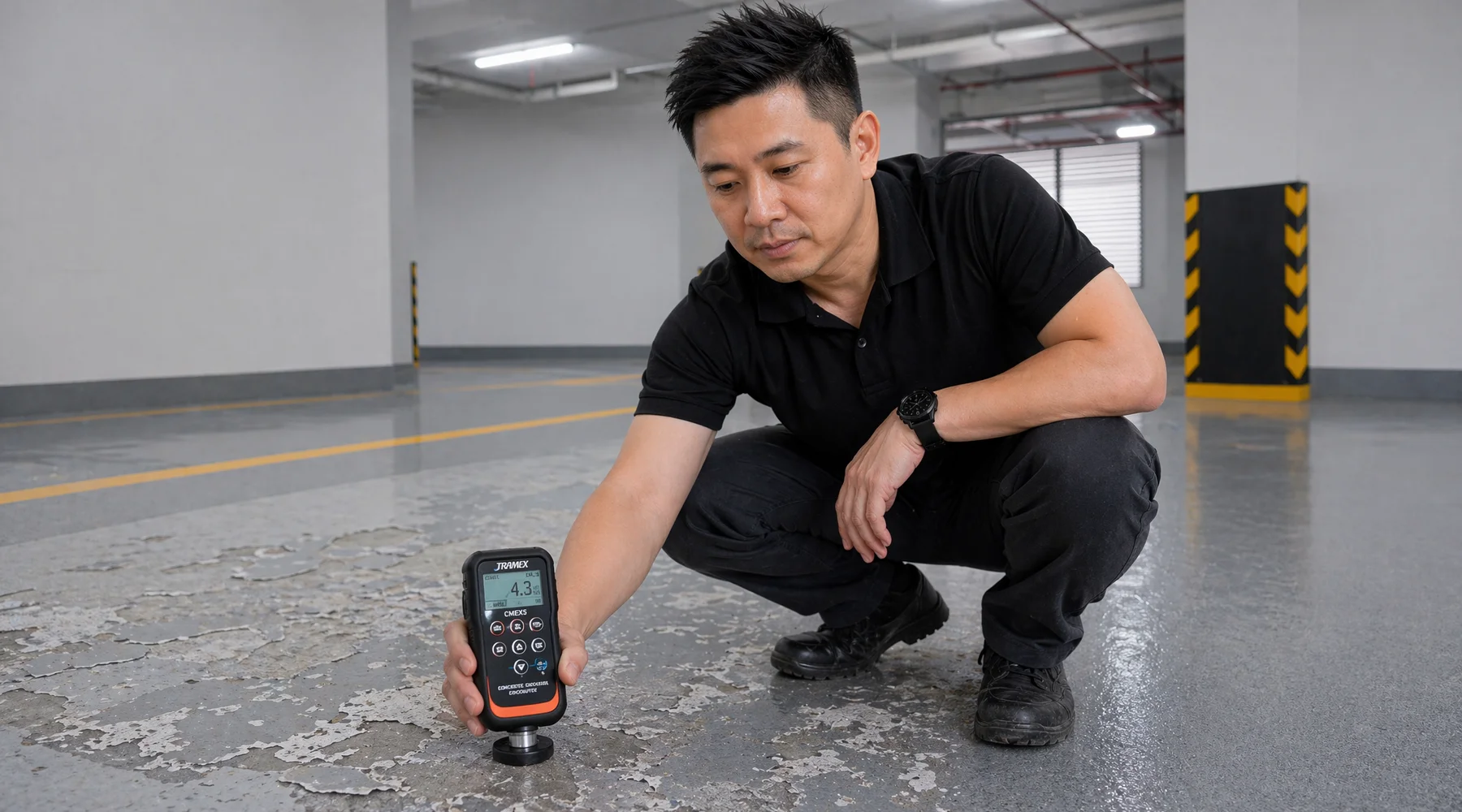 Tramex moisture diagnosis of failing industrial epoxy floor