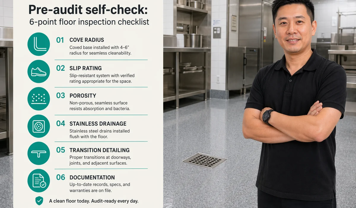 Pre-audit self-check graphic: 6-point floor inspection list overlaid on clean kitchen floor photo