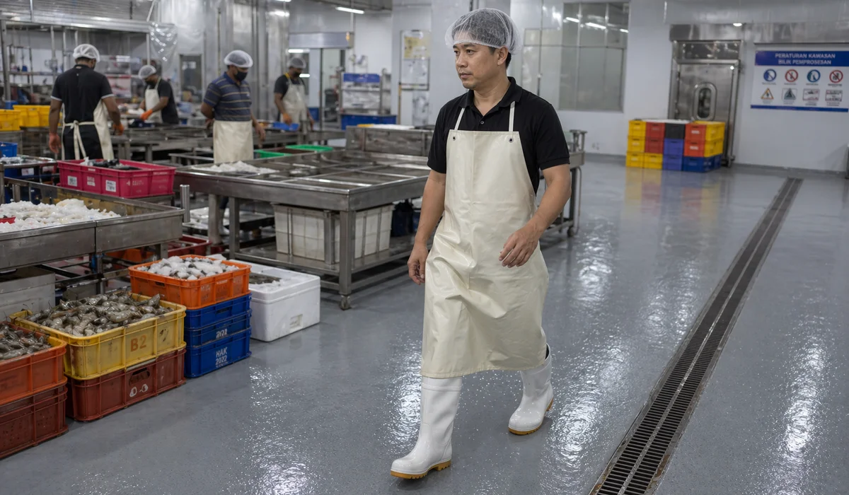 R13 slip-rated hygienic PU floor in seafood processing plant