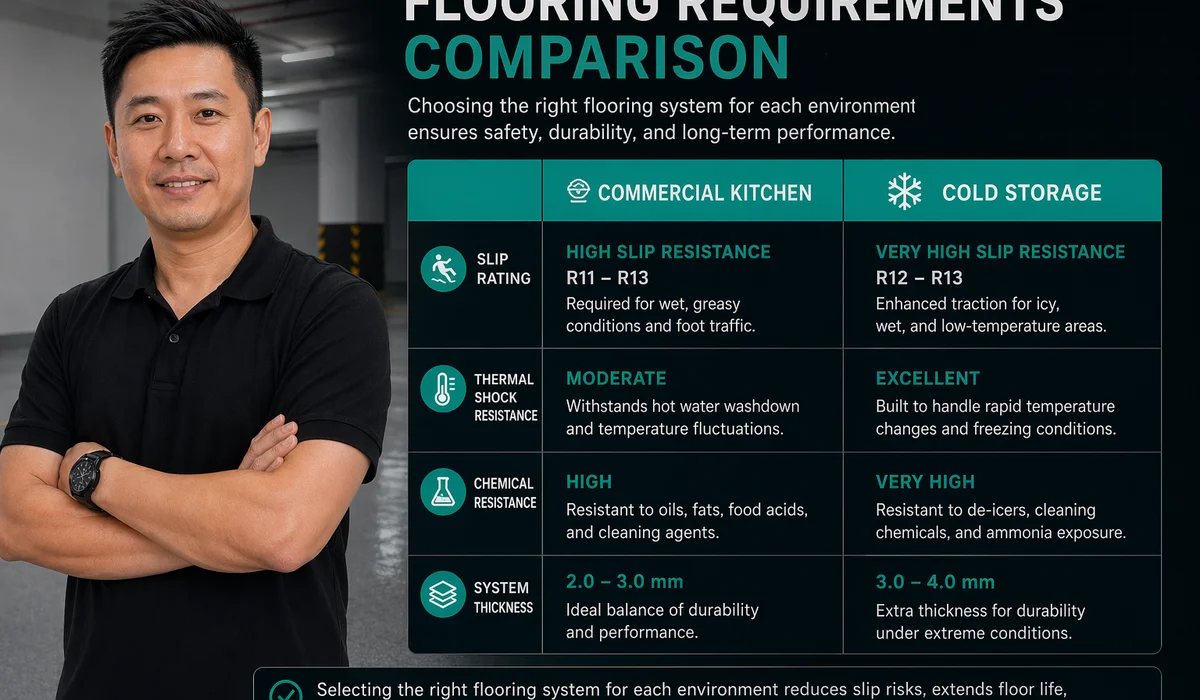 Requirements comparison table: Kitchen vs Cold Storage across slip rating thermal chemical thickness