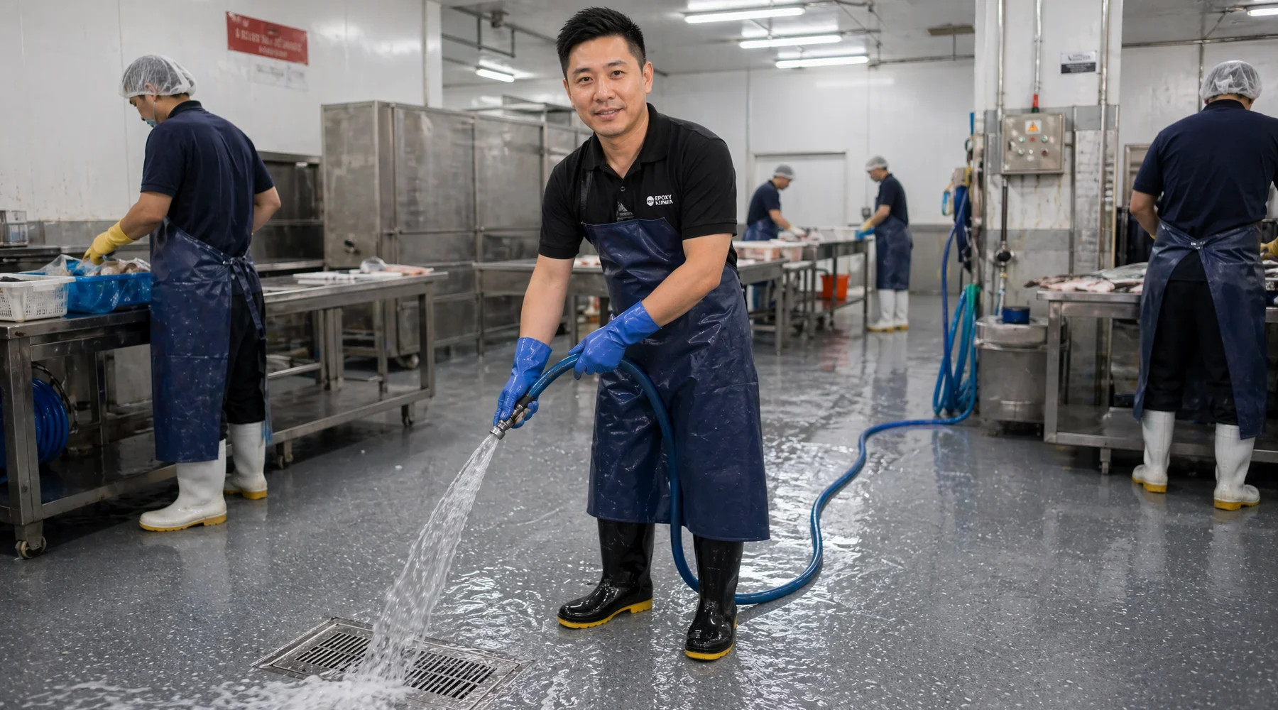 Seafood processing facility with R12 anti-slip floor mid-washdown water flowing to drains workers in