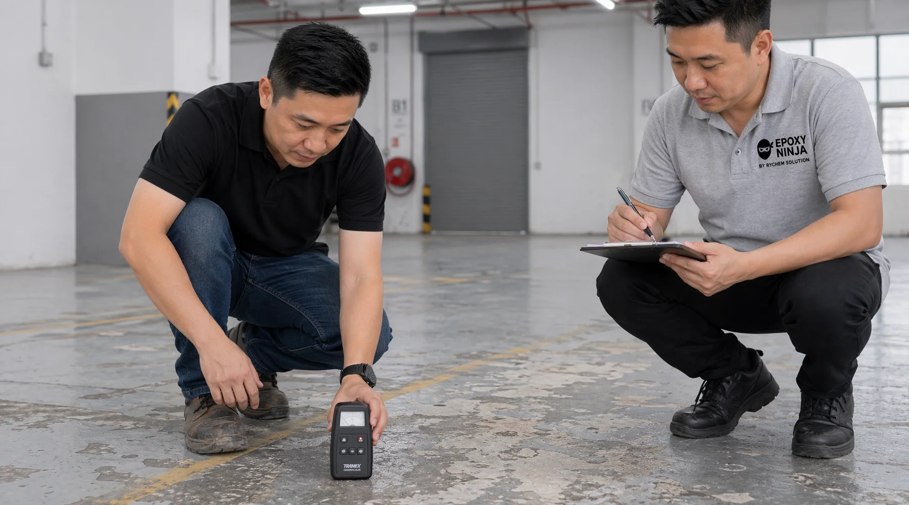 Site-visit walk-through: owner and contractor inspecting failed floor with Tramex meter and clipboard authentic