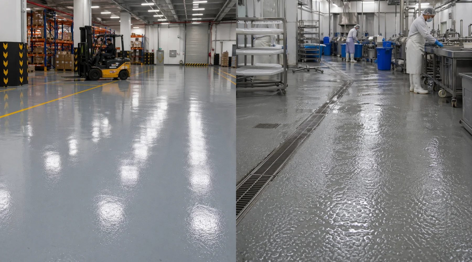 Split-comparison hero: left side rigid glossy epoxy floor with dry forklift traffic right side