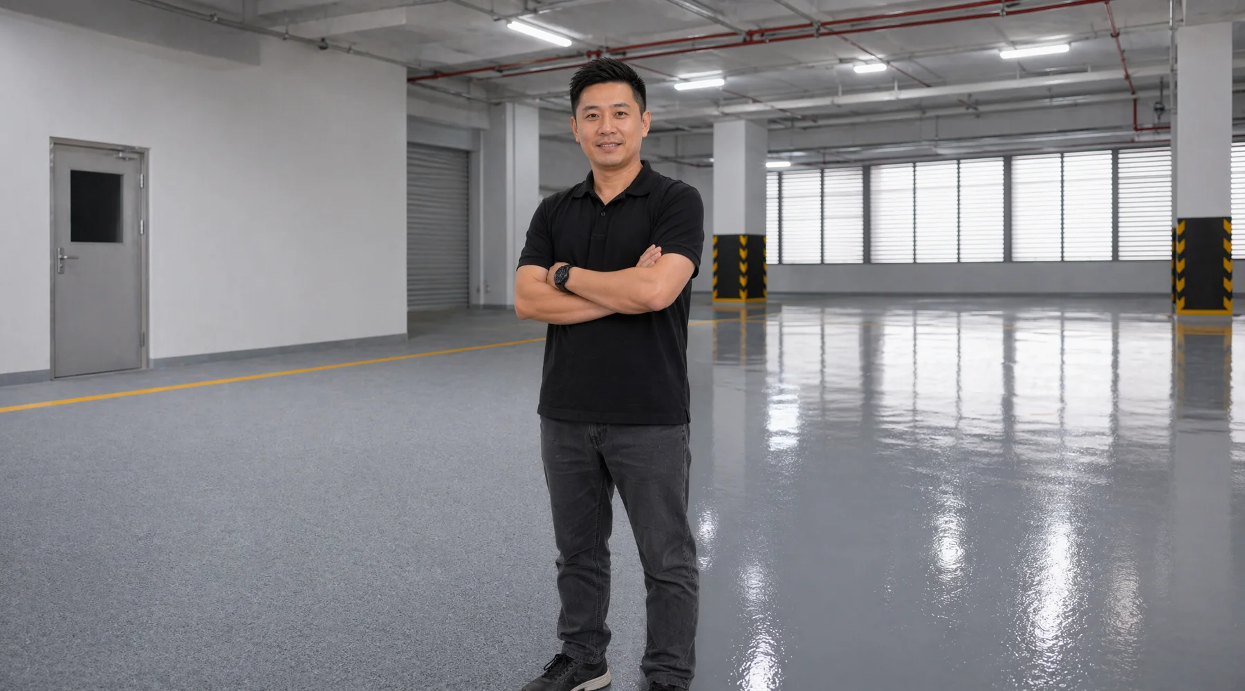 Split floor: thin-film matte epoxy on left glass-smooth self-leveling on right seamless transition warehouse