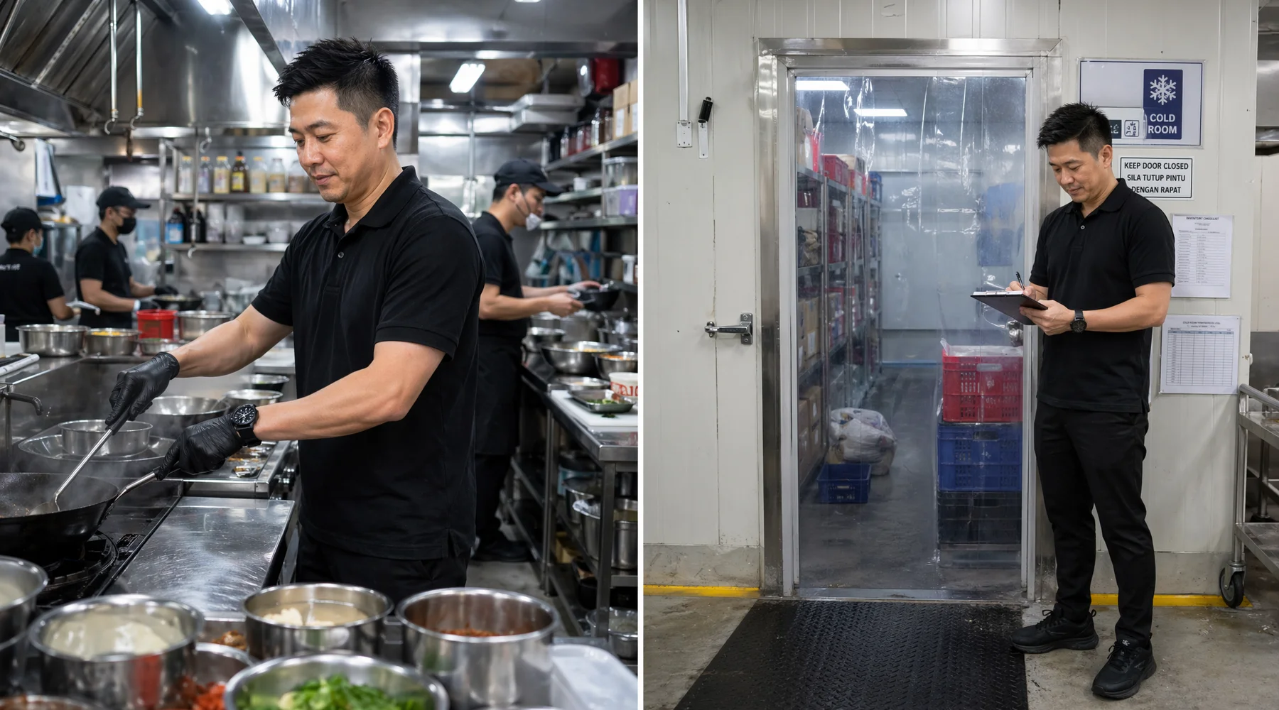 Split image: left side busy commercial kitchen with hot cooking lines right side cold