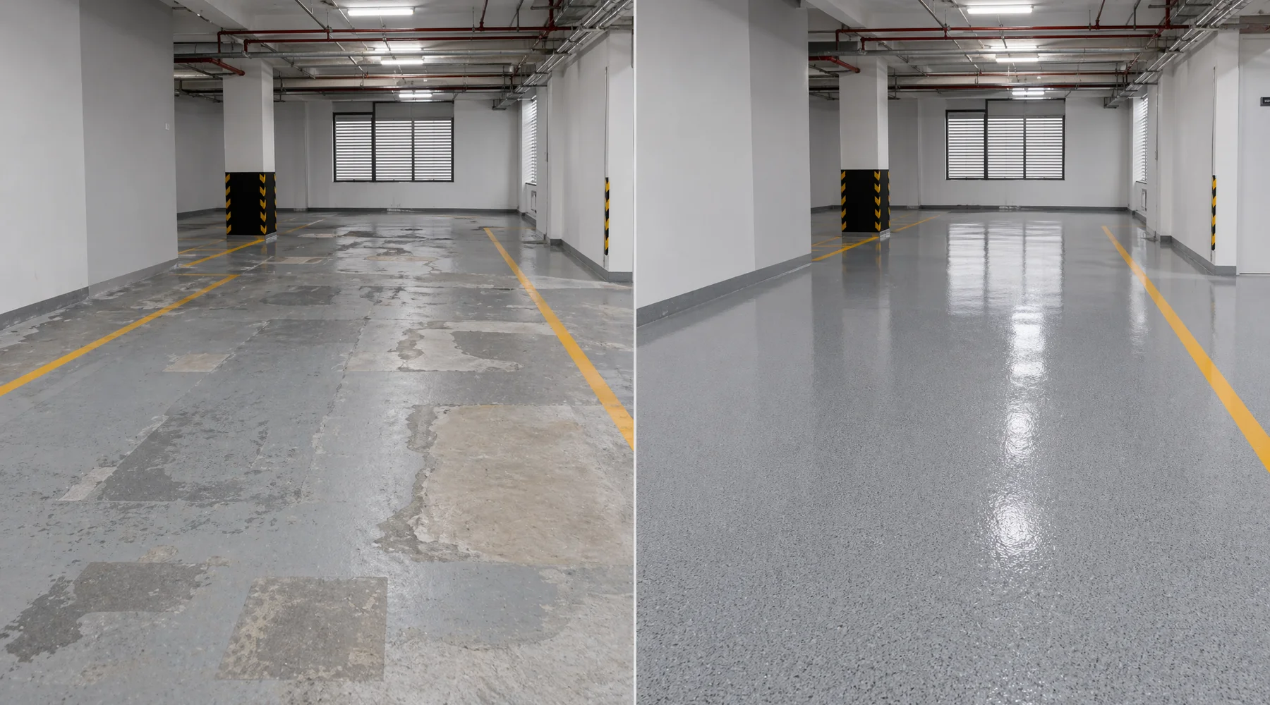 Split image: left side patched epoxy floor with visible repair sections right side freshly