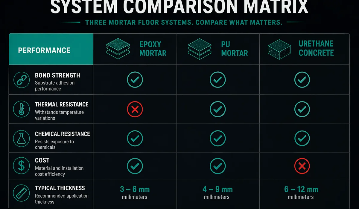 System comparison matrix: bond thermal chemical cost thickness, cross-ticks for each of 3