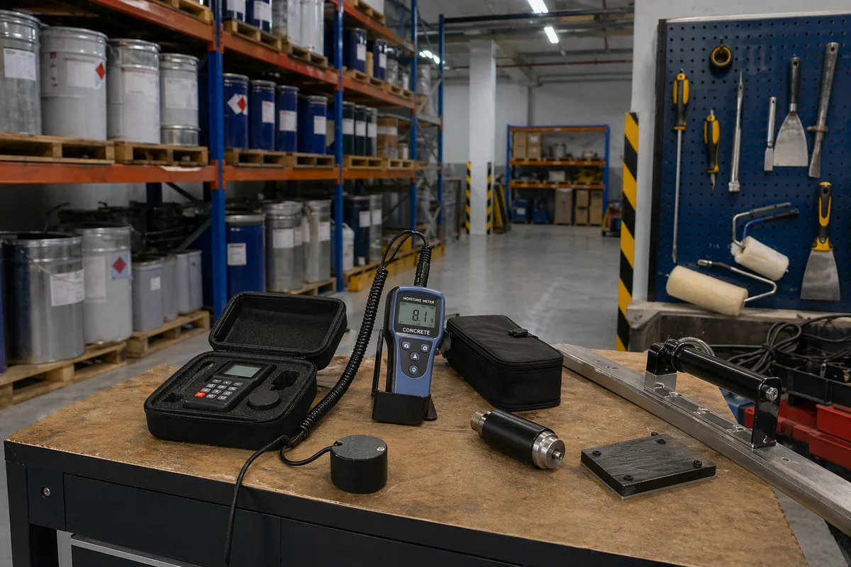 Epoxy Ninja Taman Molek workshop with resin drums and moisture scanning equipment