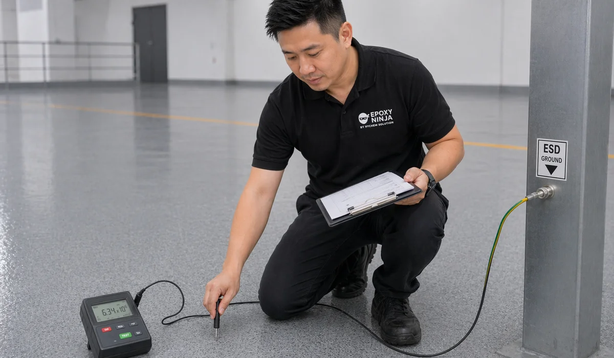 Technician conducting point-to-point resistance test on ESD floor with handheld meter clipboard recording readings