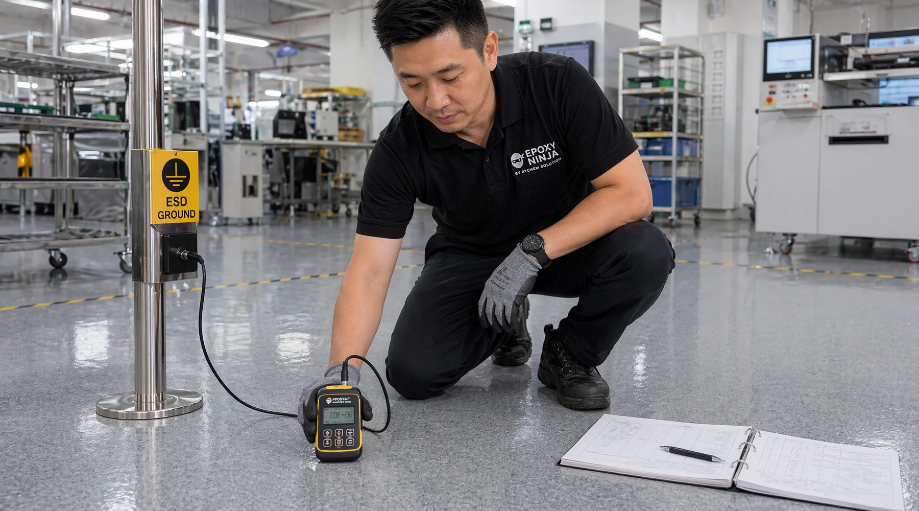 Technician pressing handheld ESD meter onto floor with cable running to grounded post test