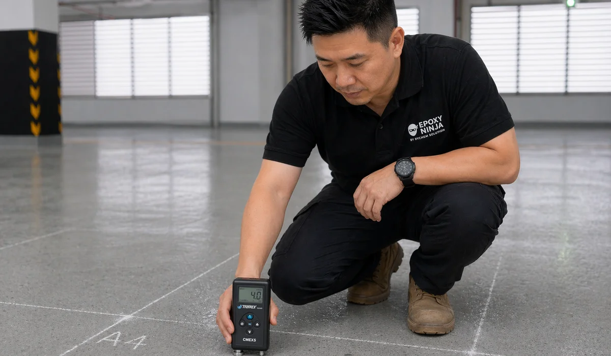 Tramex CMEX5 moisture mapping on factory slab before PU install