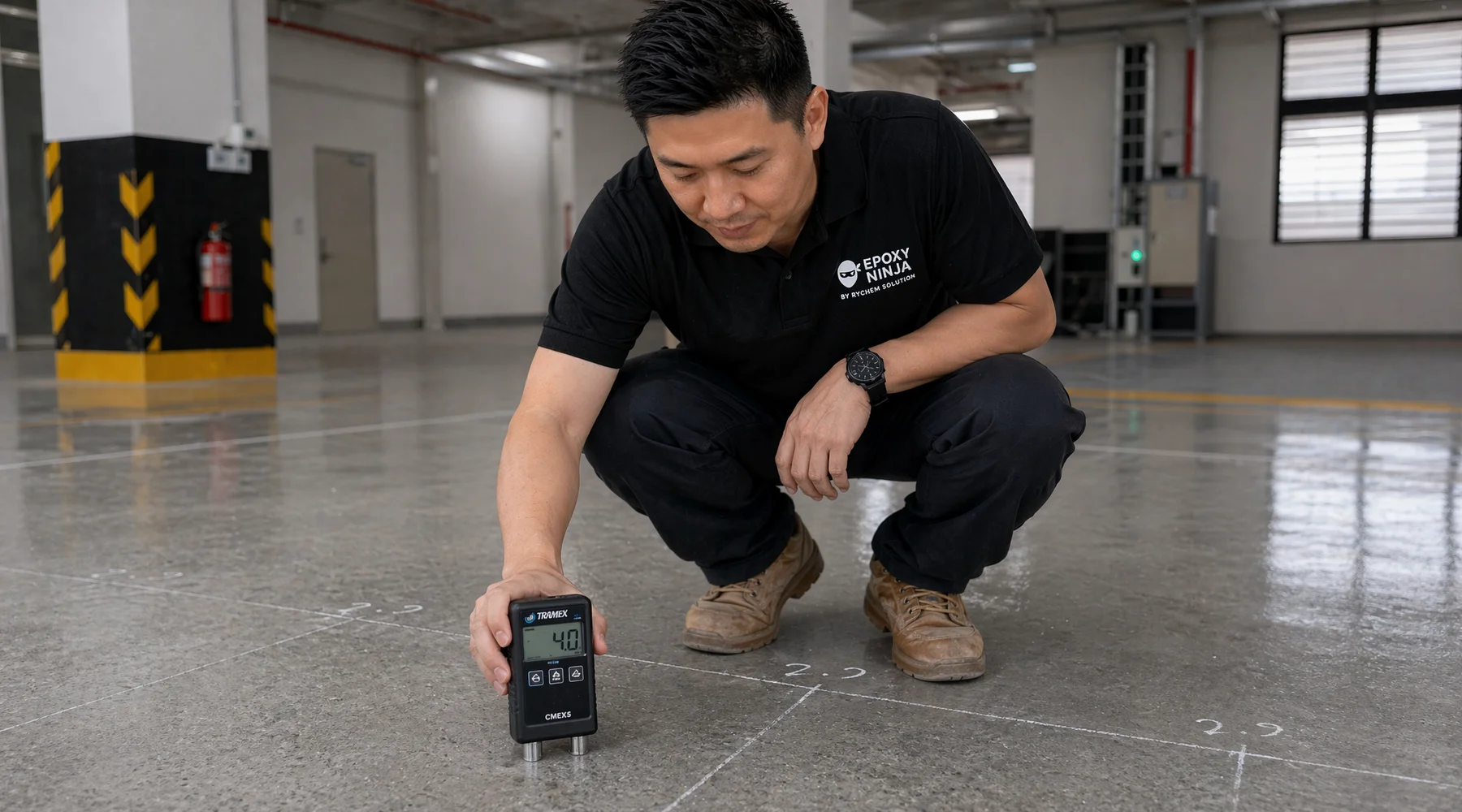 Technician using Tramex CMEX5 meter on polished concrete slab reading display visible measurement grid