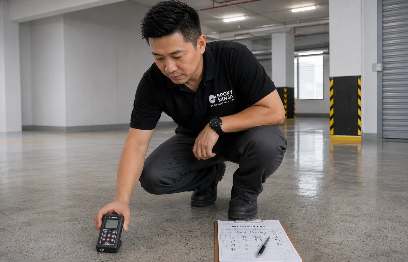 Technician using Tramex moisture meter on concrete slab