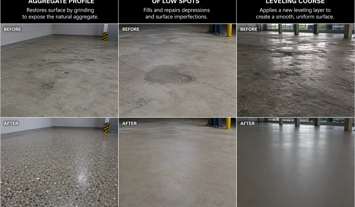 Three correction methods: grinding patching screeding, three-panel before/after comparison