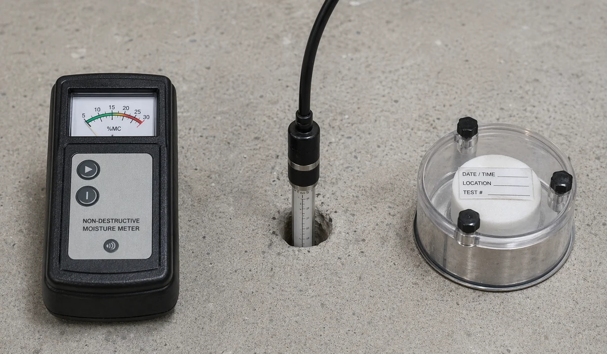Three moisture test methods side by side: Tramex meter in-situ RH probe calcium chloride