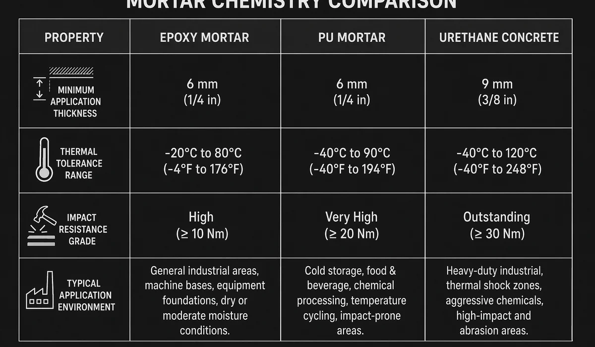 Comparison of epoxy mortar, PU mortar, and urethane concrete