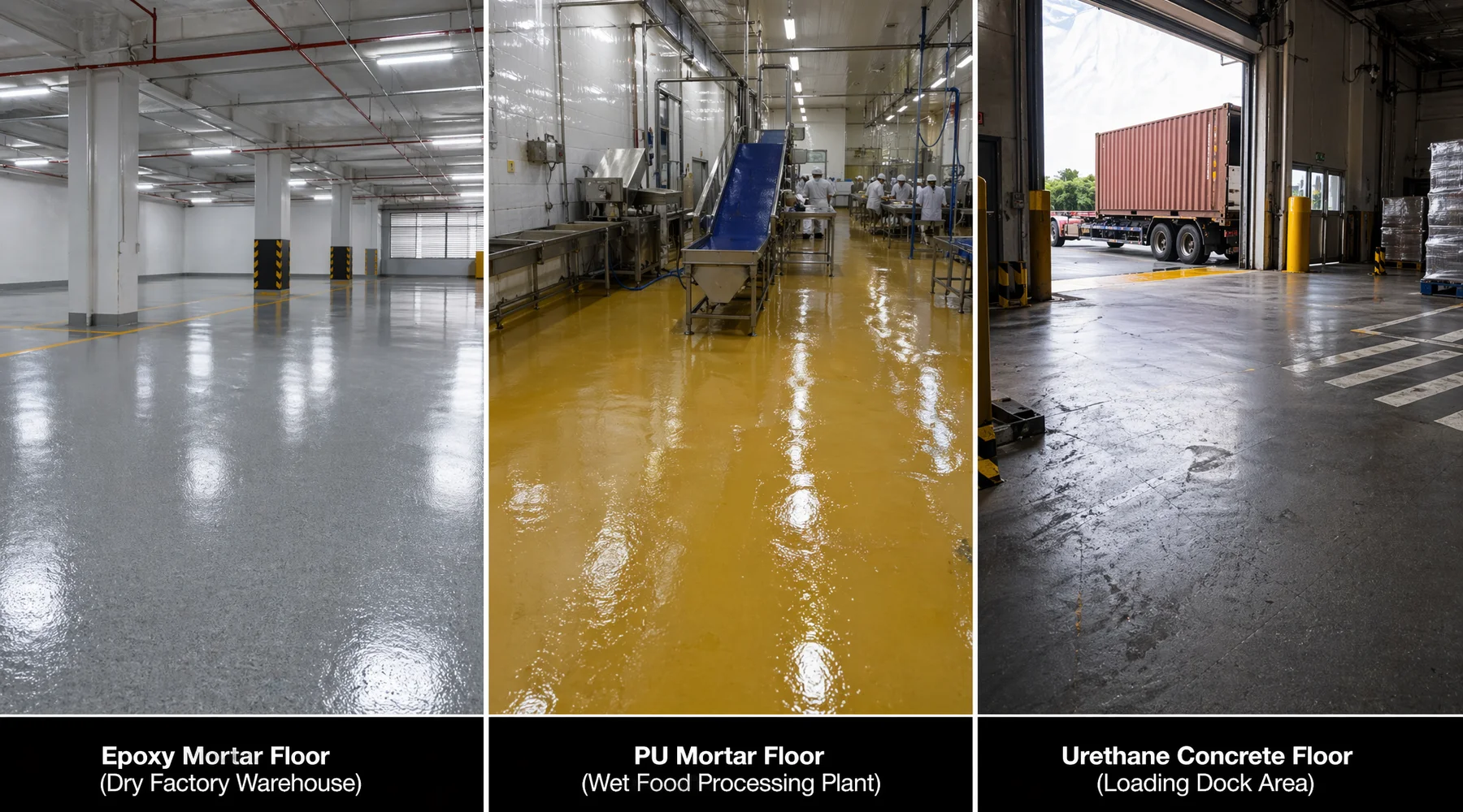 Three-panel wide comparison: epoxy mortar floor in dry factory PU mortar in wet food