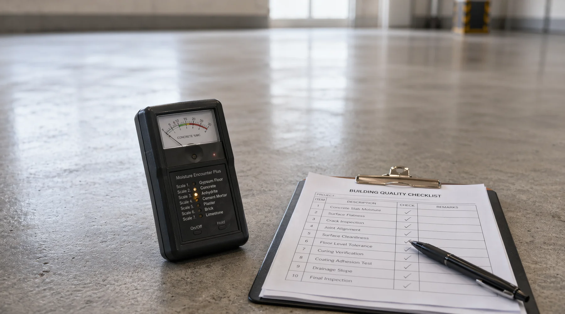 Tramex moisture meter on polished concrete slab with clipboard of BQ line items warm