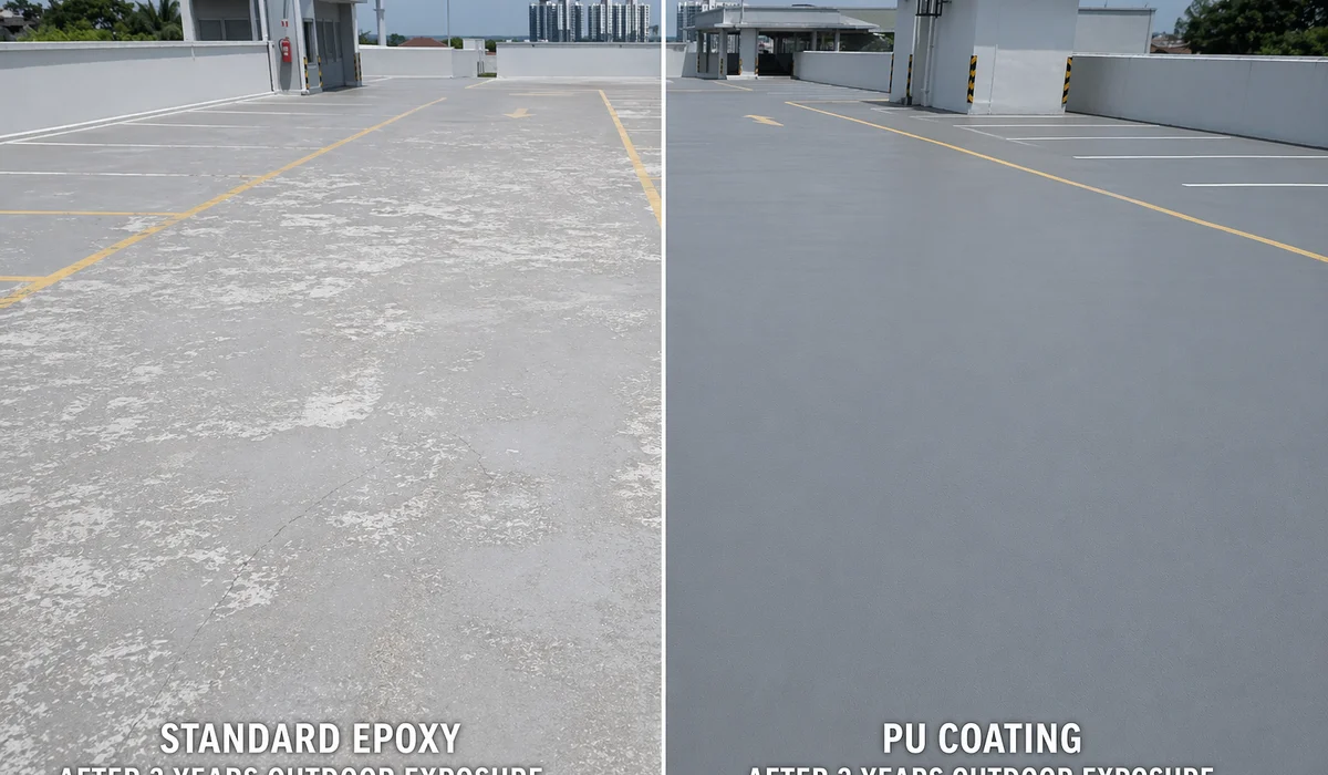 UV chalking comparison: standard epoxy vs UV-stable PU after 3 years