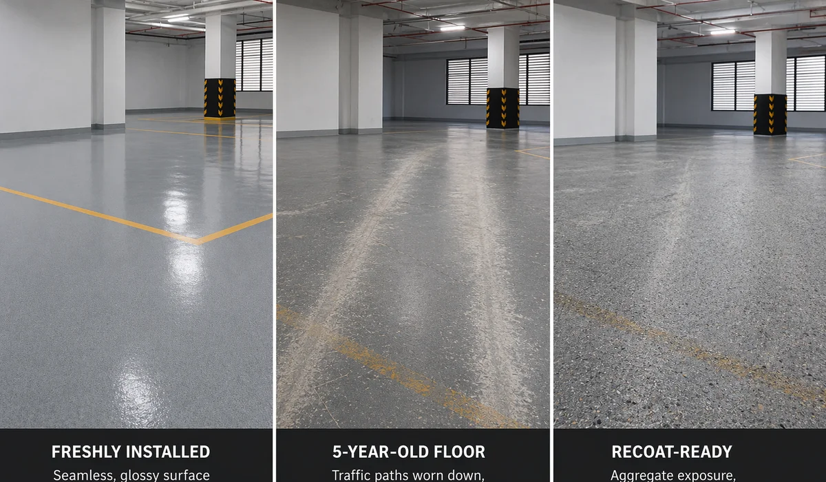 Wear pattern comparison: new PU vs 5-year PU vs recoat-ready PU side-by-side macro shots