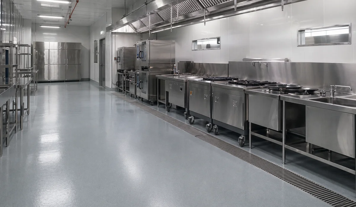 Completed hygienic PU floor with integrated coving in commercial central kitchen