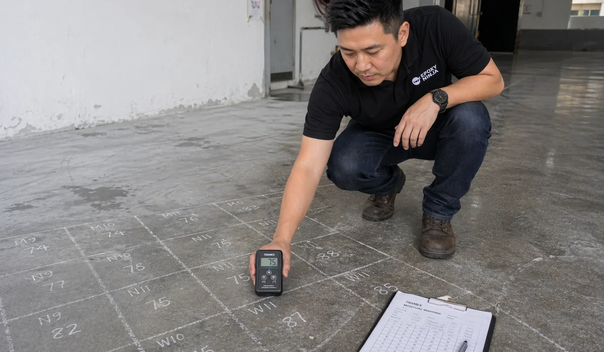 Tramex moisture mapping grid on failing industrial floor