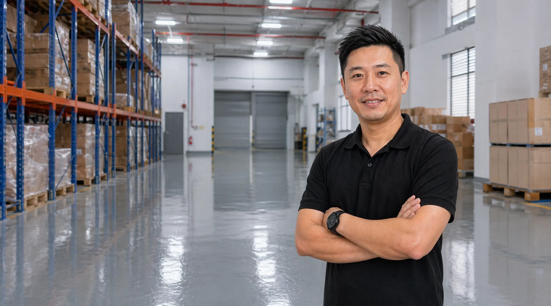 Wide shot of clean warehouse with freshly installed glass-smooth self-leveling epoxy pallet racks visible