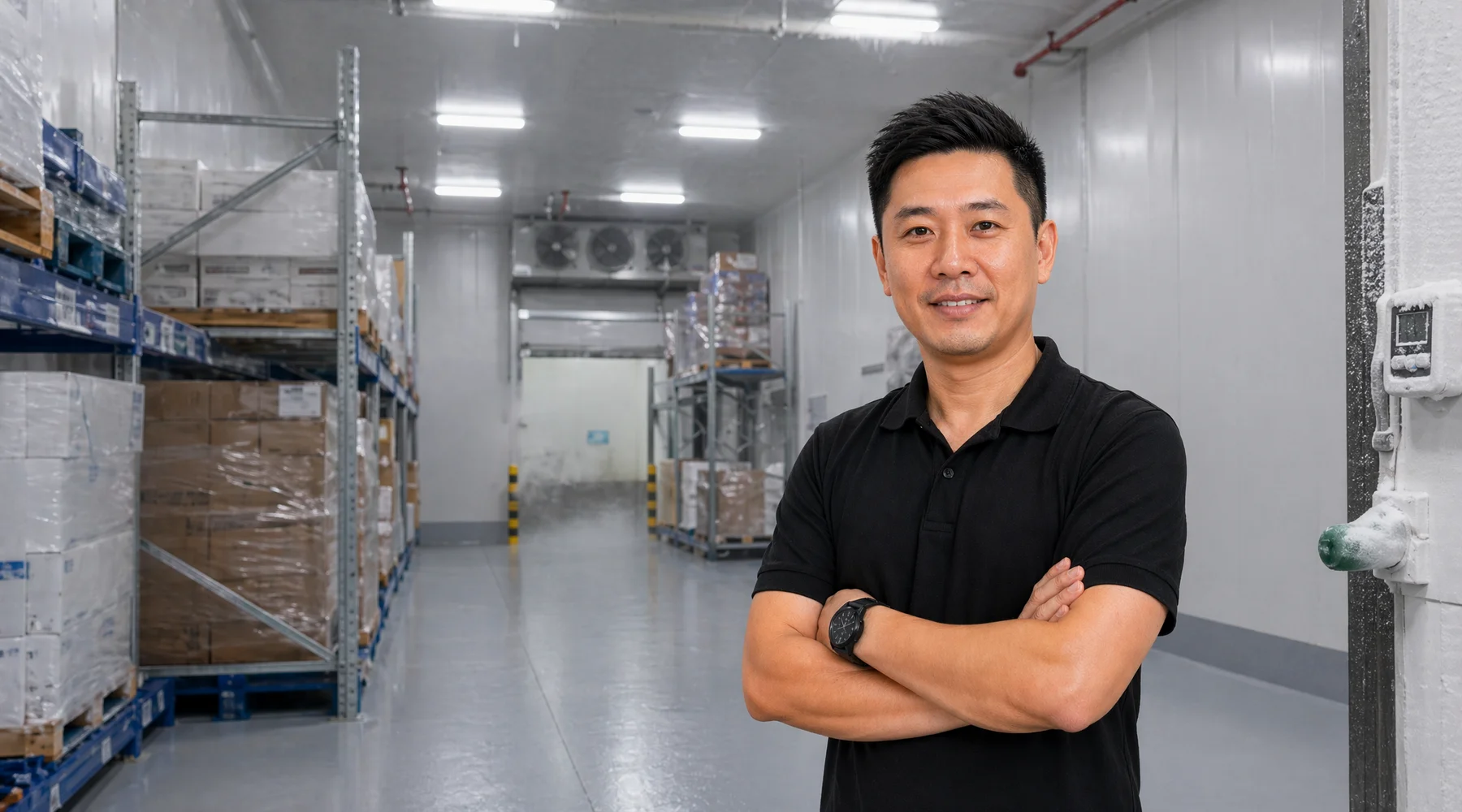Wide shot of industrial freezer room with seamless PU floor and coved walls pallet