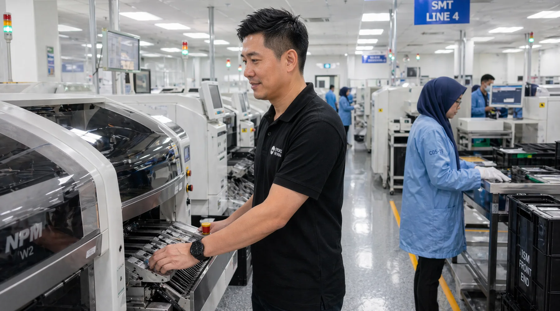 Wide shot of SMT electronics assembly line with seamless ESD flooring pick-and-place machines operators