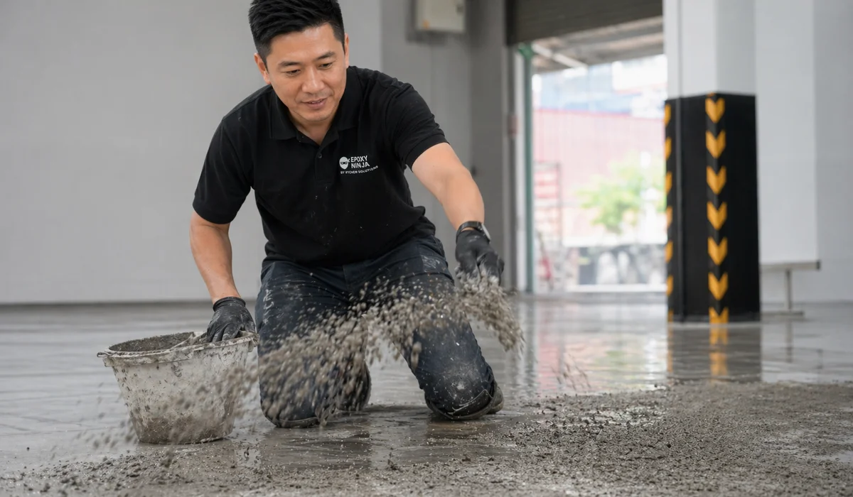 Worker broadcasting PU mortar aggregate onto wet base coat knee-down angle authentic working moment