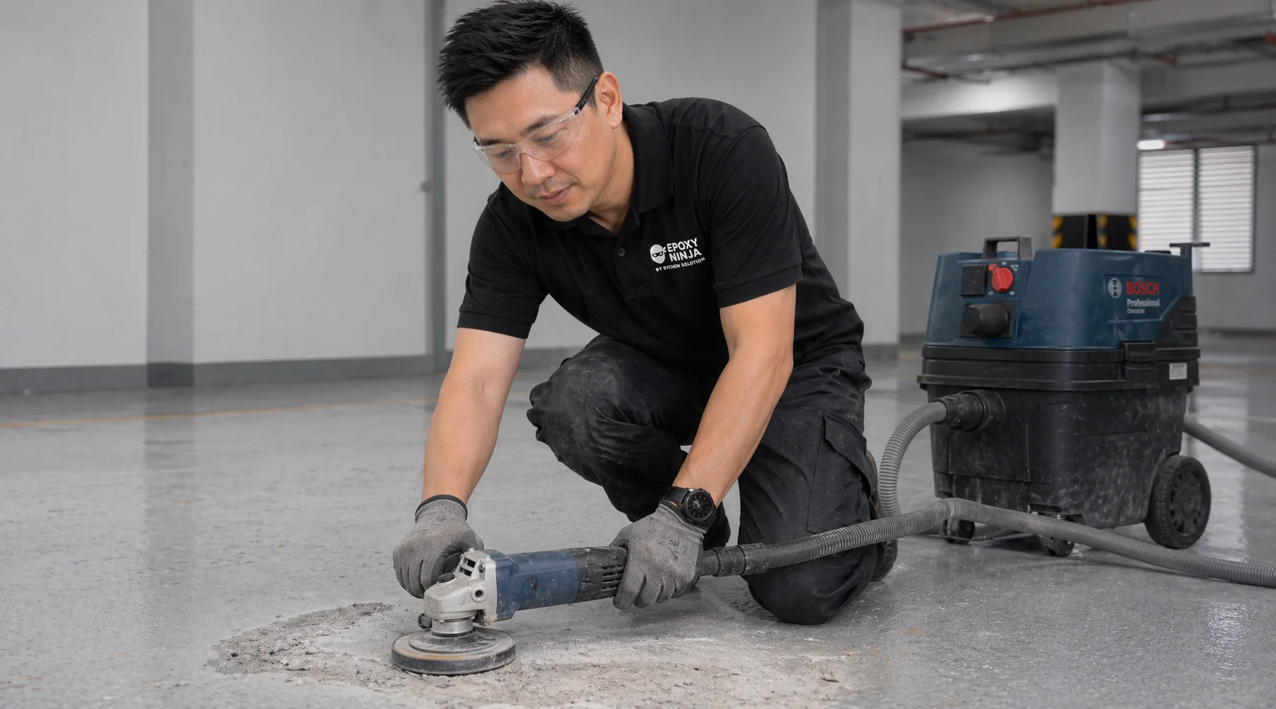 Worker chasing out failed epoxy blister with router preparing for repair dust extraction authentic