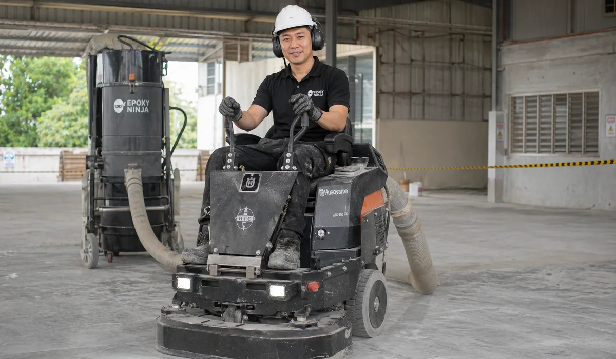 Worker in safety gear using diamond grinder on concrete slab dust extraction visible candid