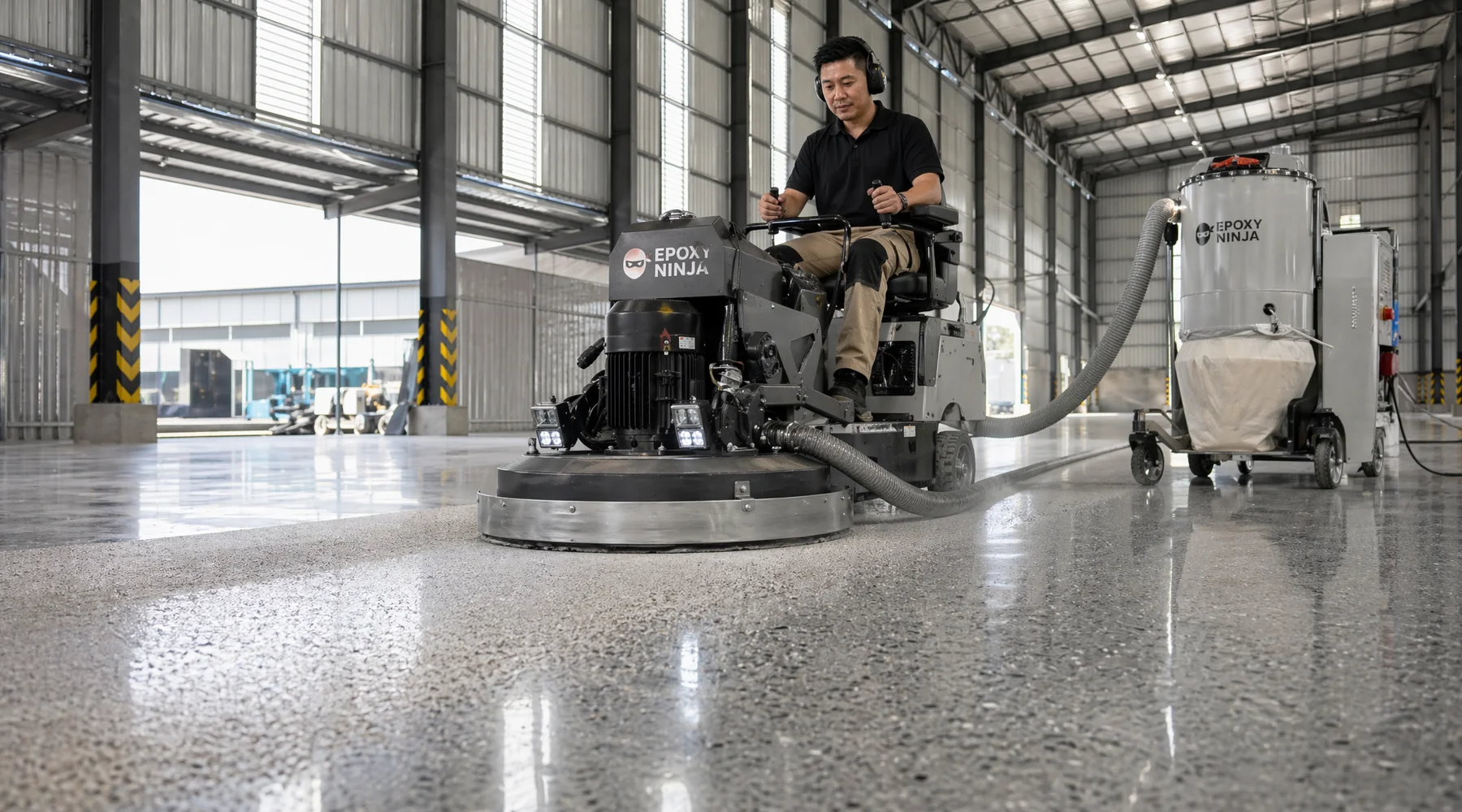 Worker operating large ride-on diamond grinder on industrial slab dust extraction unit visible bright