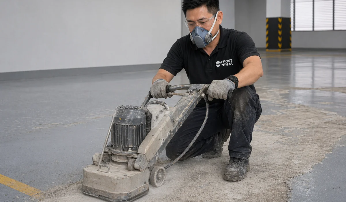 Worker removing failed coating section with scarifier clean substrate exposed candid working shot