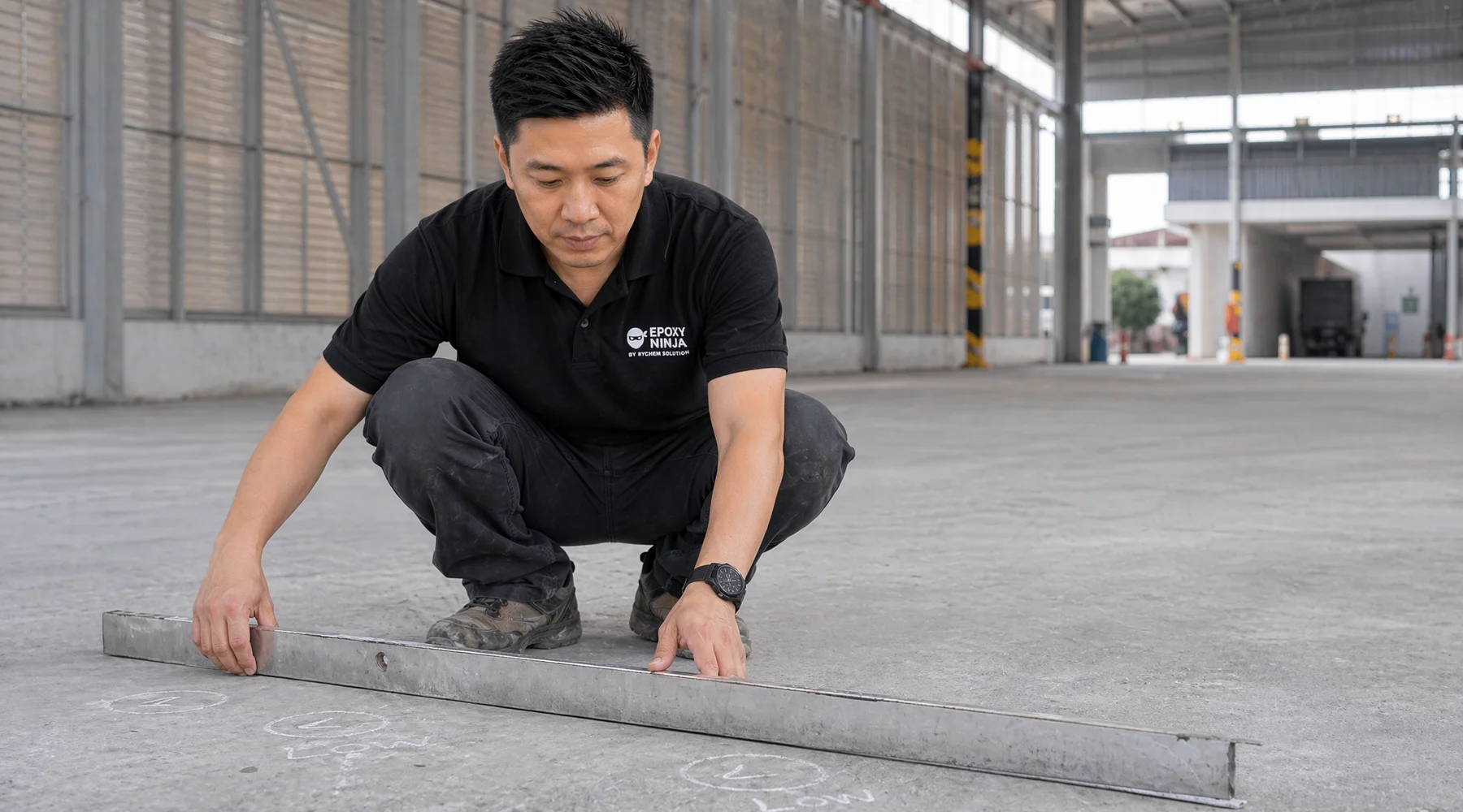Worker with straight-edge checking concrete flatness across floor uneven low spots marked with chalk