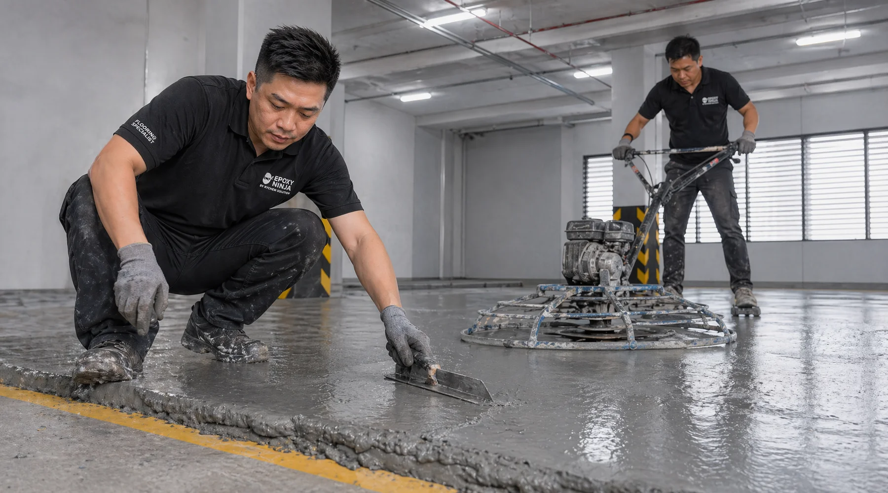 Workers installing 12mm urethane concrete mortar with power trowel thick material visible dust-free environment
