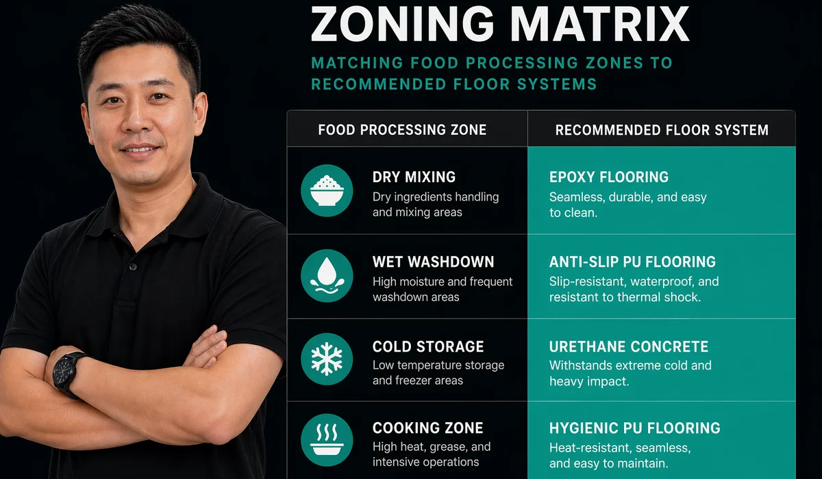 Zoning matrix infographic mapping process type to floor system recommendation clean typography